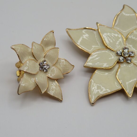 Eisenberg Ice Brooch Earrings Set Enamel Poinsettia Rhinestone Accents - Picture 6 of 10